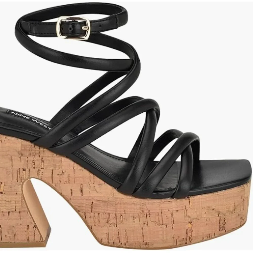 Nine West womens Platform Heel Sandal Strappy Corke3 Size 9M Black